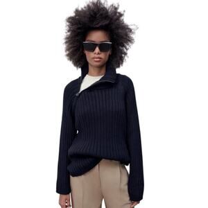 Zara Ribbed Cotton Pullover Sweater Neck Zip Detail Navy Blue Size Medium